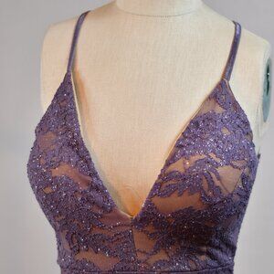 Honey and Rosie Slip Dress, Purple Lace and Sequin with Open Lace Back , Size S